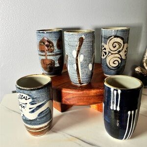 RARE Vintage OMC Japanese Stoneware Tumbler set of 5 Handmade Blue Cups Abstract
